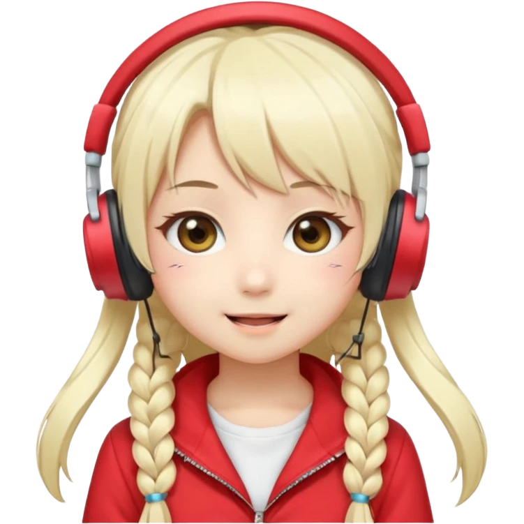Cute kawaii emoji-style Japanese K-pop singer girl, long platinum blonde hair in twin tails, red outfit, headset mic on cheek, Japanese K-pop idol vibes, big sparkling eyes, chibi proportions, clean lineart, pastel colors, cheerful idol smile, sticker/emoji style, transparent background emoji