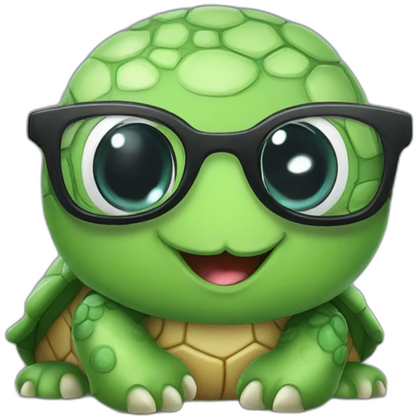 Cute Turtle with glasses and long black curly hair emoji