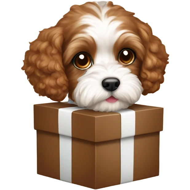 Brown and white cavapoo with gift box emoji