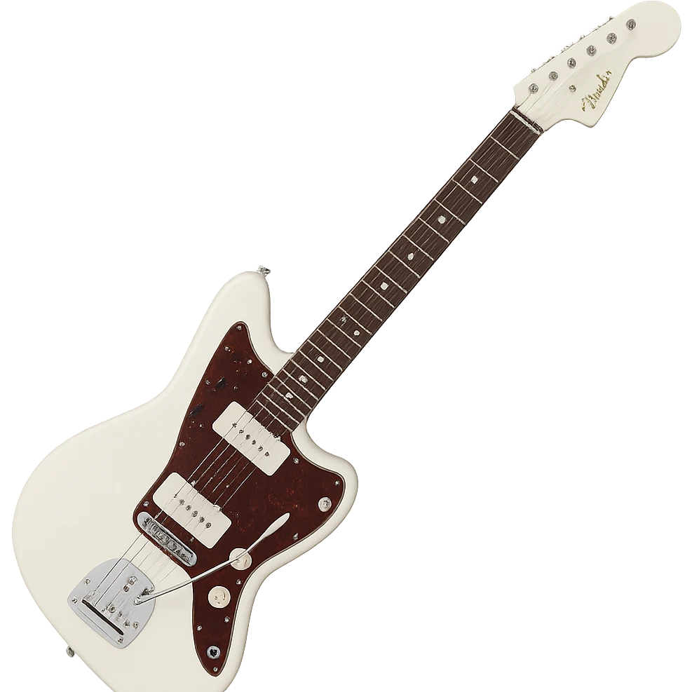 Olympic White Fender Jazzmaster guitar with classic tremolo bar emoji