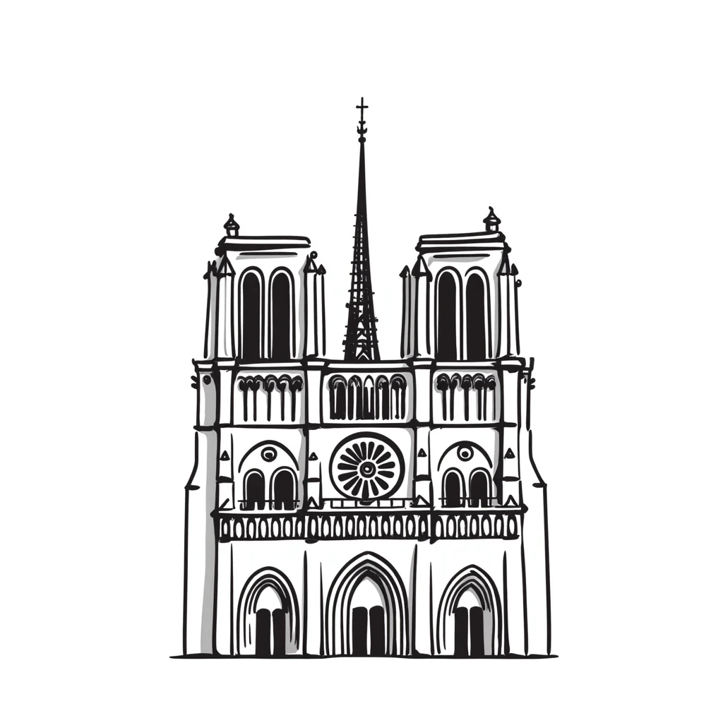 Notre Dame Cathedral in Paris with detailed Gothic architecture, spire, and rose window emoji