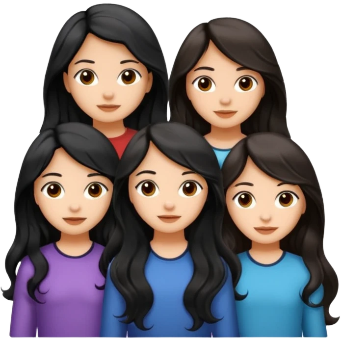 create a trio emoji girl with the first girl with a long black wavy hair with a light skin and the second girl with an mid length wavy hair with a little bit of brown color with light morena skin and the last with long black straight hair with light morena skin emoji