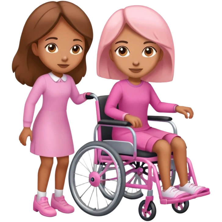 One tan skin sister pushing her light brown skin sister in a pink wheelchair emoji