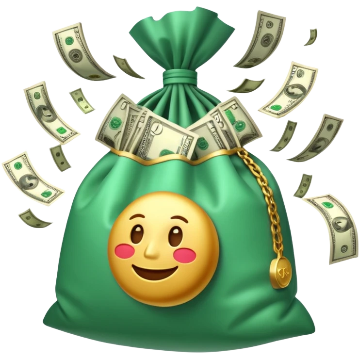 

3D emoji style, big bag of money, flying dollar bills, rich casino vibe, smooth lighting, high detail, clean edges, transparent background



 emoji