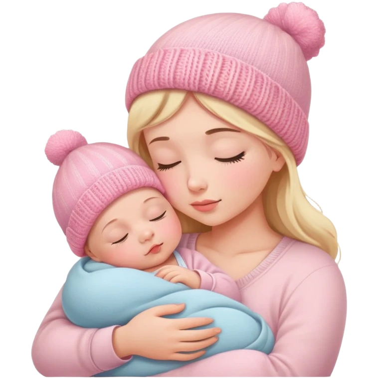 peaceful infant baby sleeping on mother's arm wearing cute pink knitted hat emoji