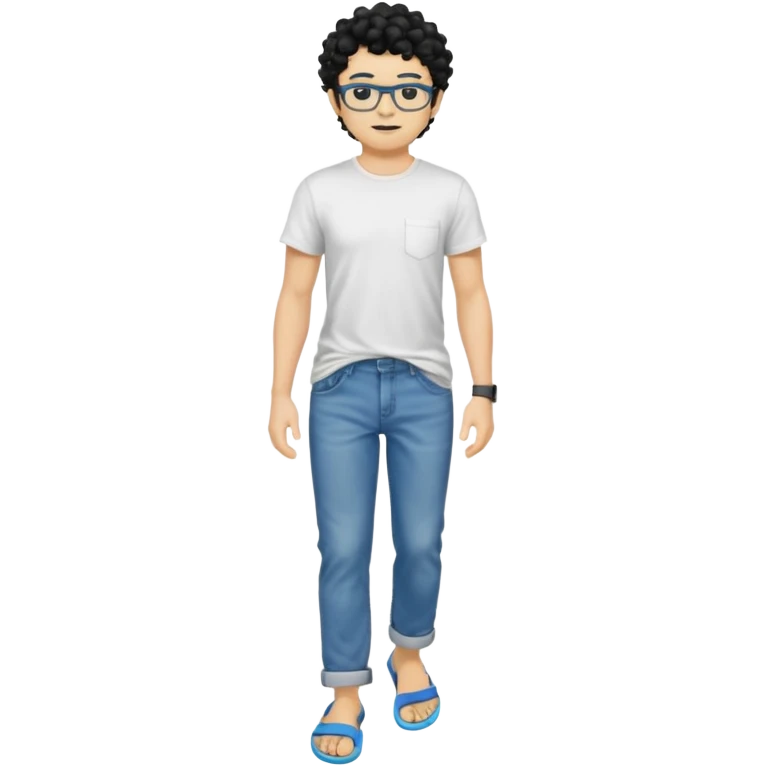 Full body, yellow skinned man with black curly hair, wearing black glasses, white t-shirt, blue jeans, long pants, and flip-flops. emoji