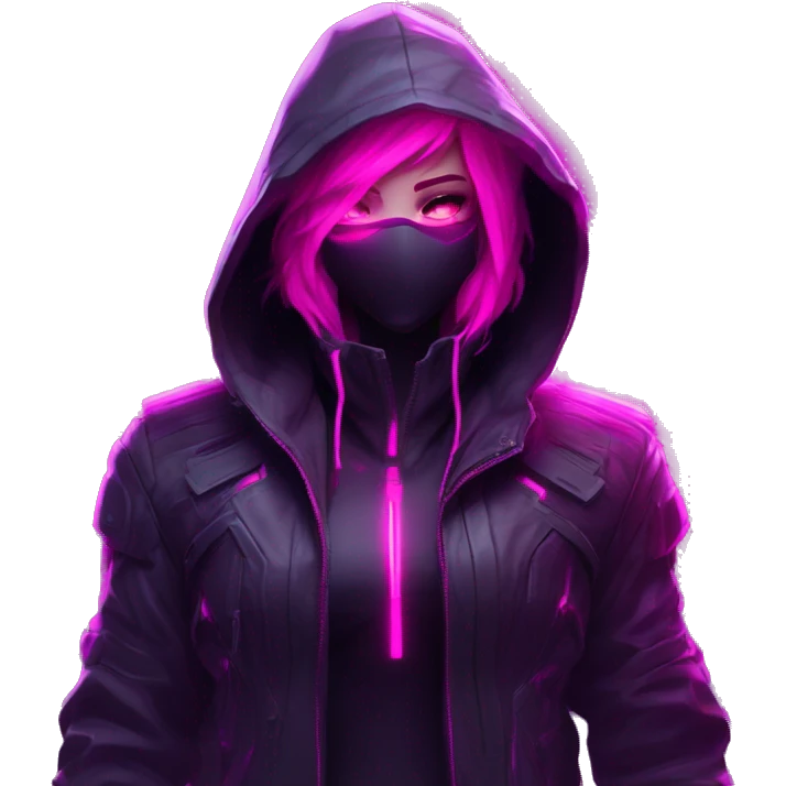 developer behind his laptop with this style : crysis Cyberpunk Valorant neon glowing bright pink girl character dark pink purple black hooded assassin themed character emoji