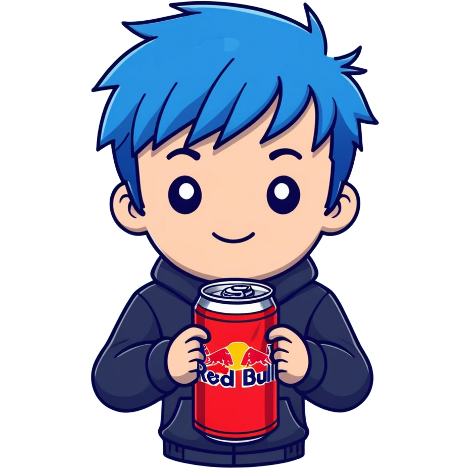 Boy with blue hair and a Red Bull emoji