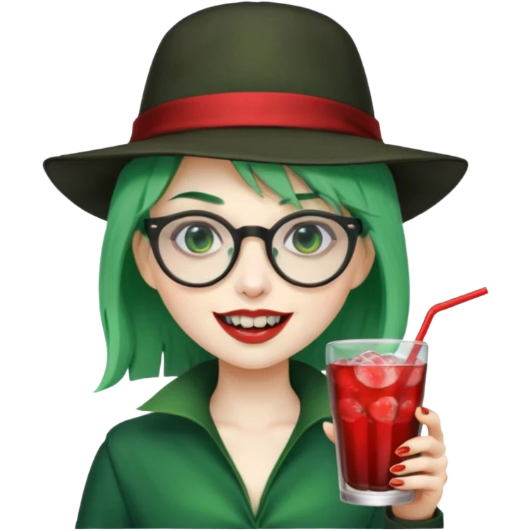 vampire green hair Drink holders with hat, wearing glasses, female,,teeth looks like vampire emoji