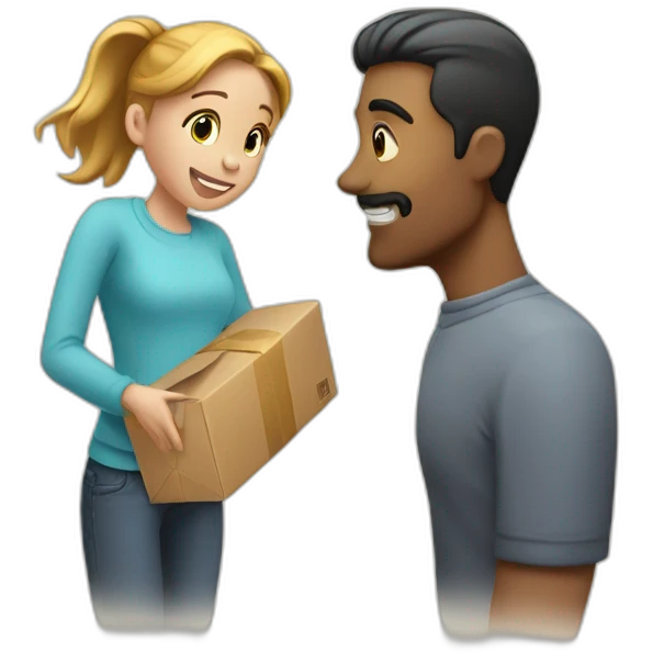A man giving a girl a package with the word attention on it emoji