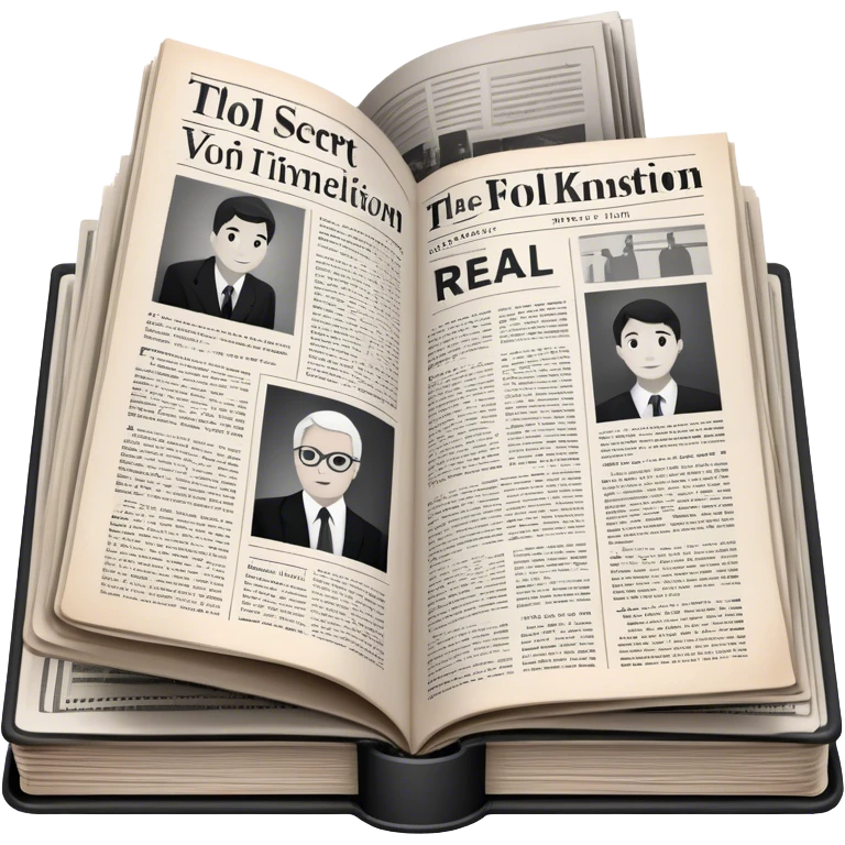Icon for Non-Fiction & Narrative Reading: an open book with black-and-white photos on the pages, surrounded by a pile of newspaper clippings, and an open folder with top-secret documents. The icon should reflect the blend of real stories and facts in non-fiction literature. Transparent background. emoji
