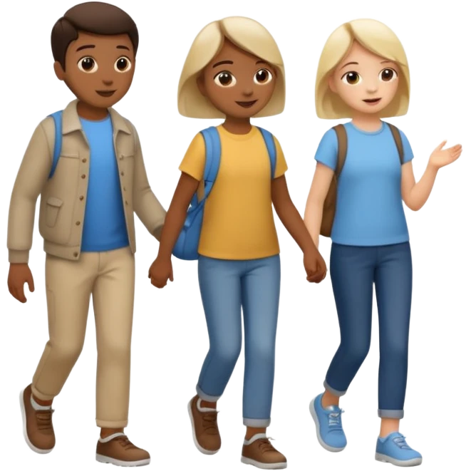 iOS emoji style. 2 friends and a child walking and talking.  emoji