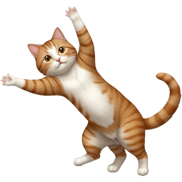 brown tabby and white cat with doing a big extremely long stretch reaching up into the air with arms and legs side by side together straight and overextended whilst lying on its side emoji