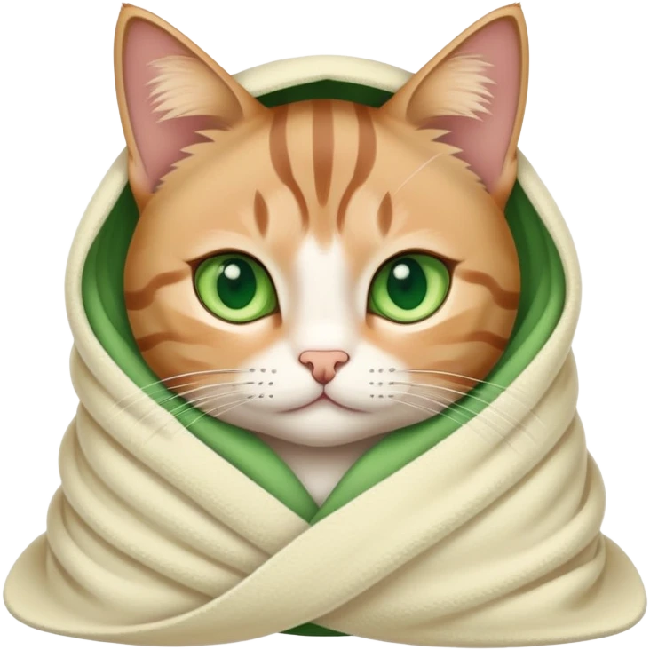 Cute tabby cat with green eyes wrapped in a blanket emoji