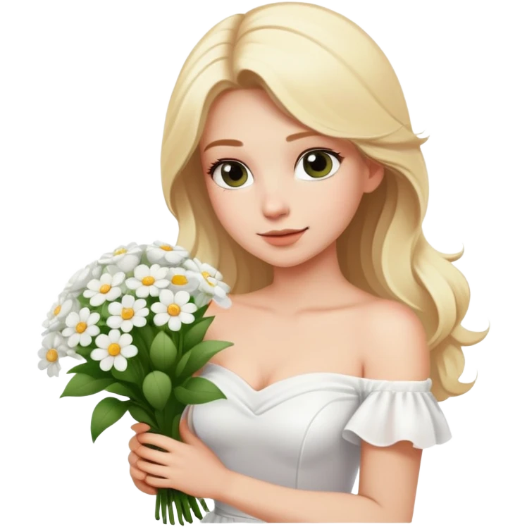 blonde woman in a white off-shoulder dress with a bouquet of white flowers emoji