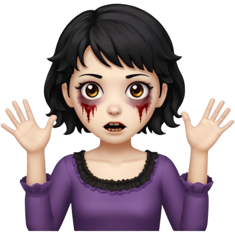 Cabelo ondulado  um pouco cheio e franja curta  Olhos marrons e pequenos e feita d ezumbi mais bonita com cabelo amarro na e com as mãos assim tipo assim🧟‍♀️ emoji