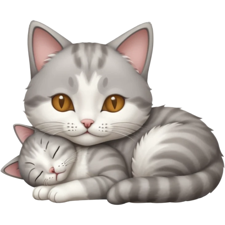 grey and white small cat with its eyes closed lying down leaning on his elbow with his paw curled under his head holding it up emoji