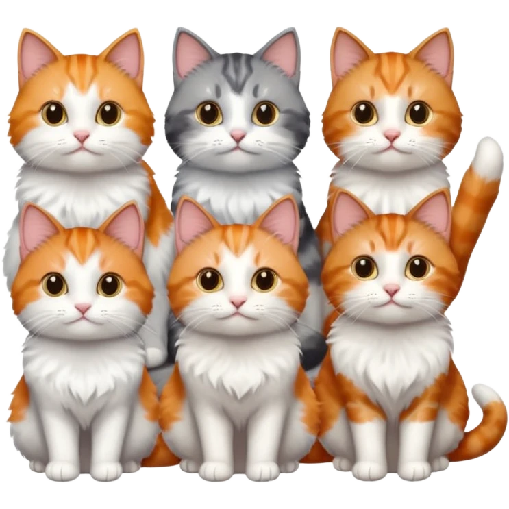 6 cats with different coloured coats, 2 are grey and white, 1 is grey with a little white, 1 calico, 1 brown tabby and white and one ginger and white emoji