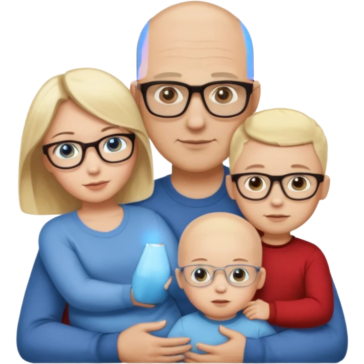 Eigene Familienbild mit 3 Personen; Mutter dunkle Augen und dunkle lange Haare mit Brille; Vater mit Glatze und Blaue Auge, kleinkind mit blonden Haaren und dunklen Augen emoji