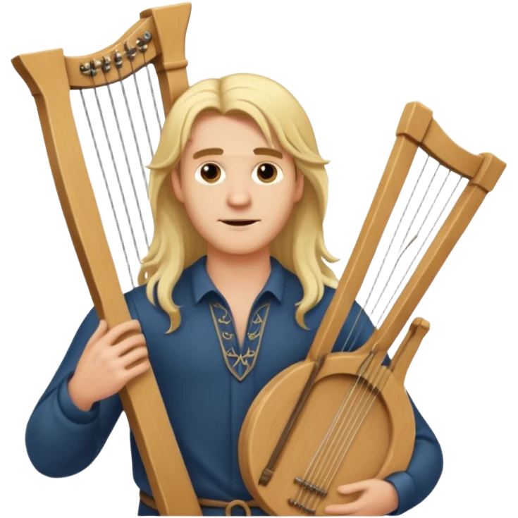 Man with long blonde hair confidently holding a lyre emoji