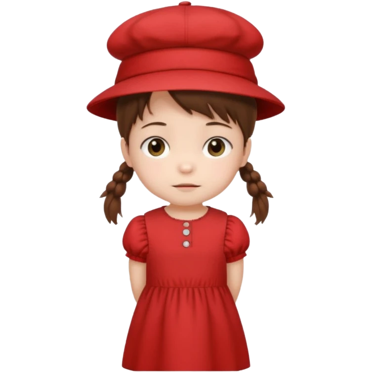 baby girl with brown hair and pigtails with a hat and red dress like My Neighbor Totoro movie emoji