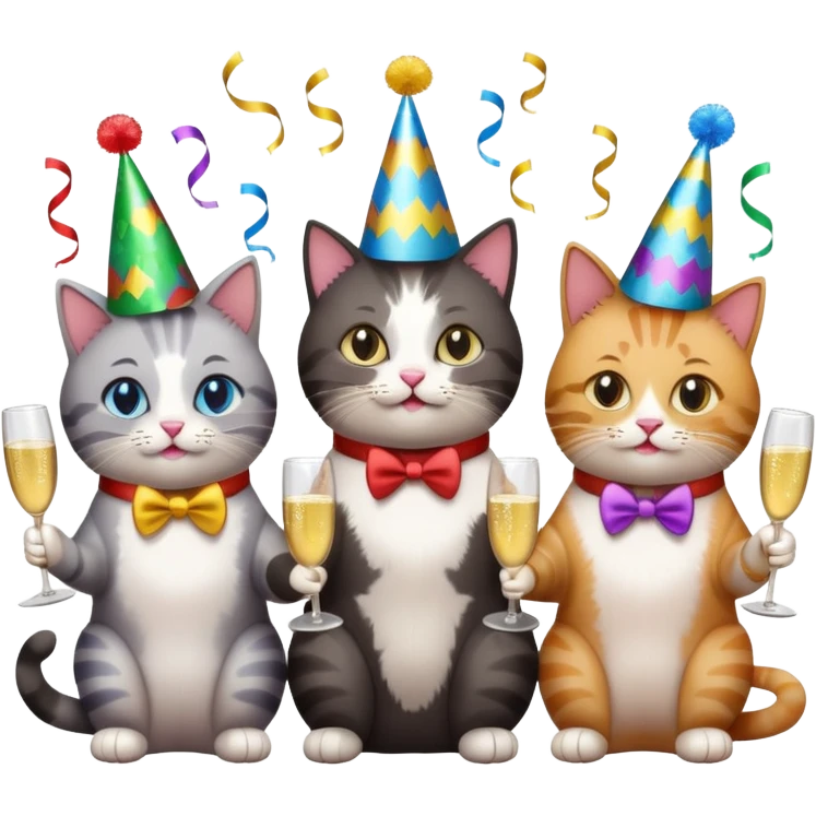 six cats at a 40th birthday party, confetti, streamers, and a big '40' sign, emoji style emoji