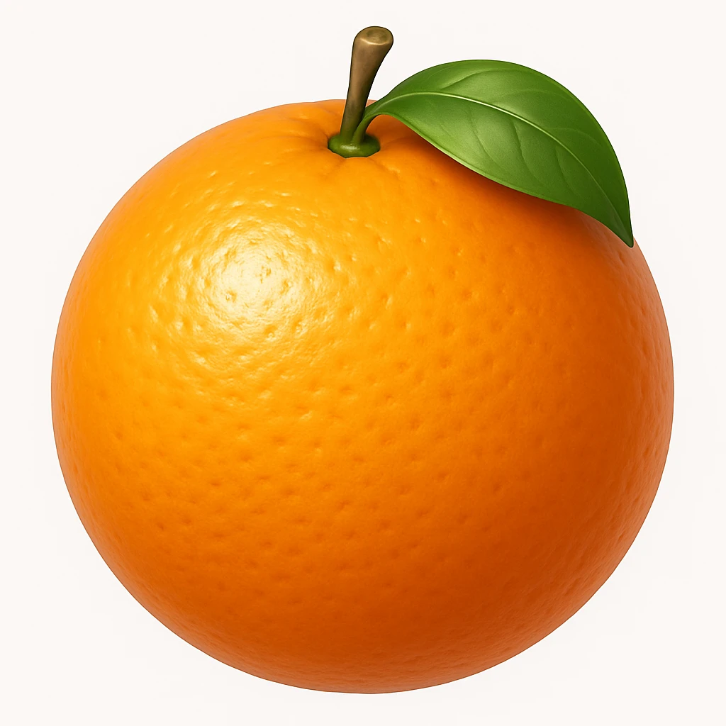 Create an orange fruit emoji in iOS emoji style, 3D, shiny, with smooth gradients, soft shadows, and realistic orange texture. The emoji should not have a face and should resemble the reference image. Add a glossy effect to the surface of the orange. emoji