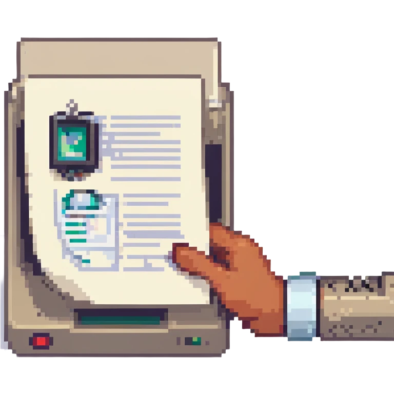 pixel art style hand holding a document in front of a scanner emoji