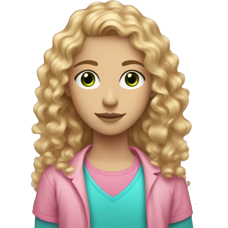 Curly teen with blond/brown hair and blue green eyes and a pink shirt medium long hair emoji