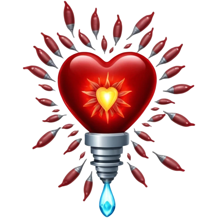 Glowing pieces of liver, red meat, and sardines floating around a red blood cell that shines brightly like a torch. Streams of light connect the blood cell to a heart and muscles, showing how heme iron creates energy and vitality throughout the body. emoji