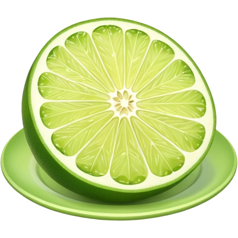whole lime smooth shiny green skin slightly oval dimpled lime wedge cross-section nearby showing pale green interior segments no leaves plate soft lighting emoji scale emoji