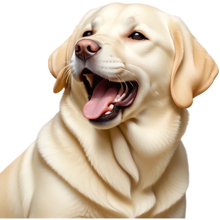 Cinematic Cute Yawning Cream Labrador Portrait Emoji, Head tilted slightly with a dramatic, wide-open yawn, showcasing a smooth cream Fur with a subtle shimmer, floppy ears slightly drooping, round warm eyes barely open in drowsy contentment, Simplified yet irresistibly adorable features, highly detailed, glowing with a soft, cozy glow, high shine, relaxed yet expressive, stylized with a touch of whimsy, bright and endearing, soft glowing outline, capturing the essence of a sleepy yet affectionate companion, so drowsy it feels like it could stretch out of the screen and curl up for a nap! emoji