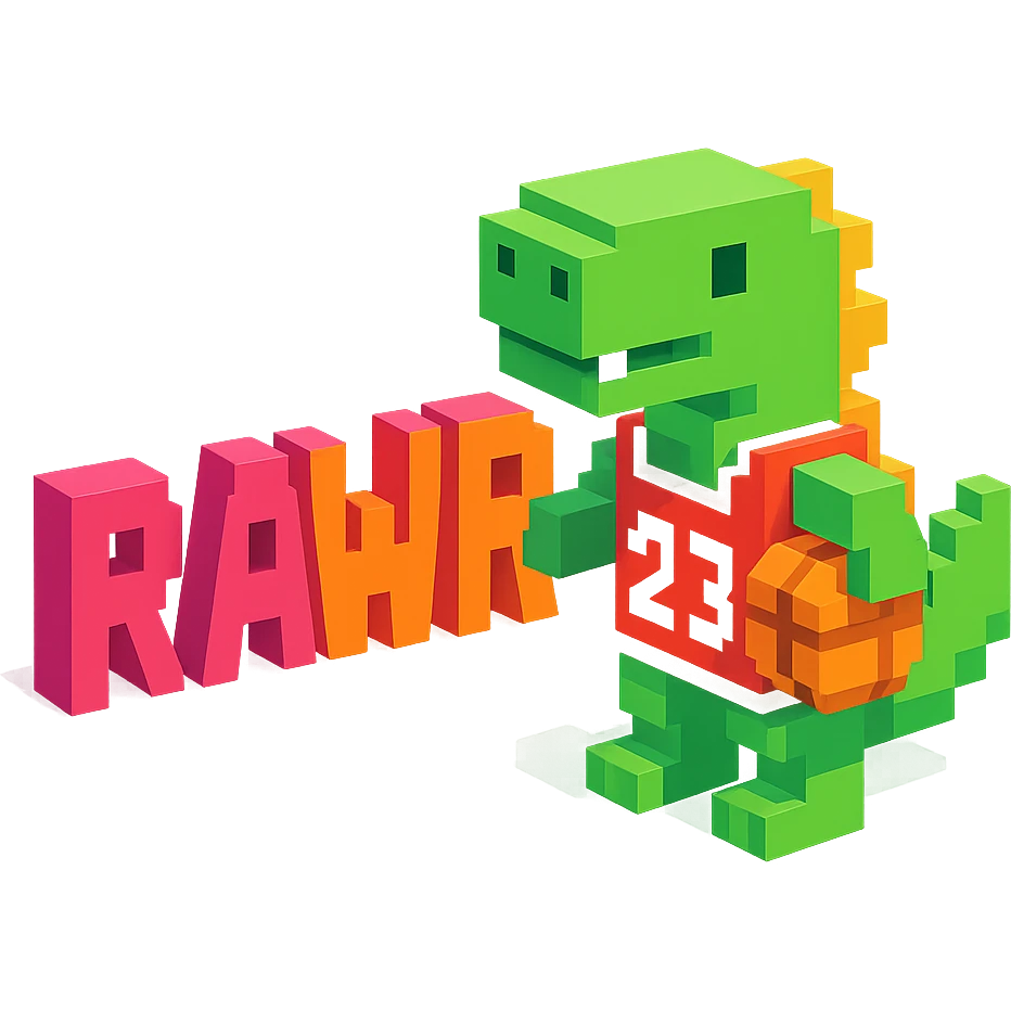 надпись "RAWR" и динозавр с баскетбольном мячом в майке с надписью "23", no background  emoji