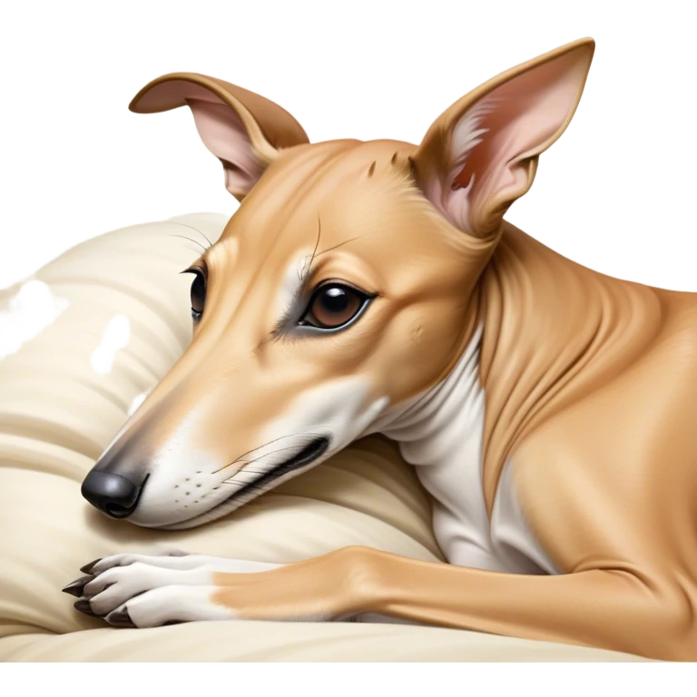 Meme-Worthy Cute Sleeping Fawn Greyhound Portrait Emoji, Head resting peacefully with a contented smile, showcasing a slender build and a luxuriously smooth fawn Fur, eyes shut in a serene nap, Simplified yet hilariously adorable features, highly detailed, glowing with a soft, drowsy light, high shine, relaxed and utterly lovable, stylized with an air of playful laziness, bright and heartwarming, soft glowing outline, capturing the essence of a comically sleepy racer, so meme-worthy it feels like it could instantly become the next viral sensation of adorable slumber! emoji