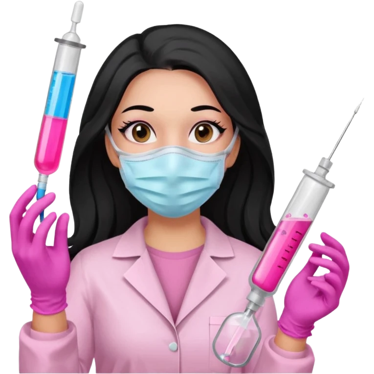 laboratorista con guantes rosa y mascarilla rosa  jeringa tubo laboratorio sin lentes  y  ojos negro cabello largo negro emoji