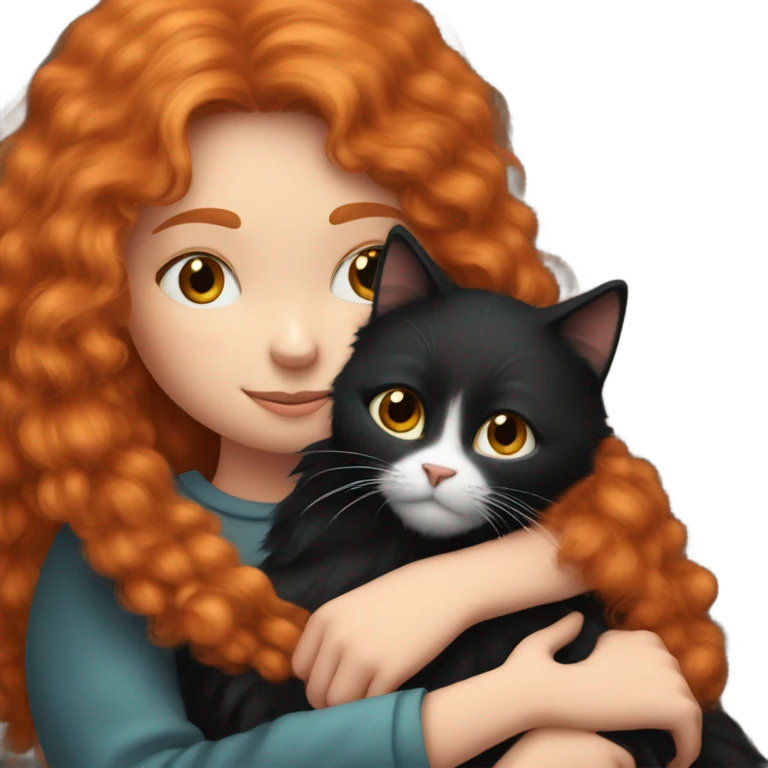 Long haired Ginger girl cuddling with black fluffy cat emoji