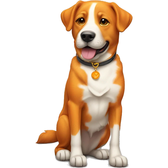 Un perro naranja con un collar en forma de sol emoji