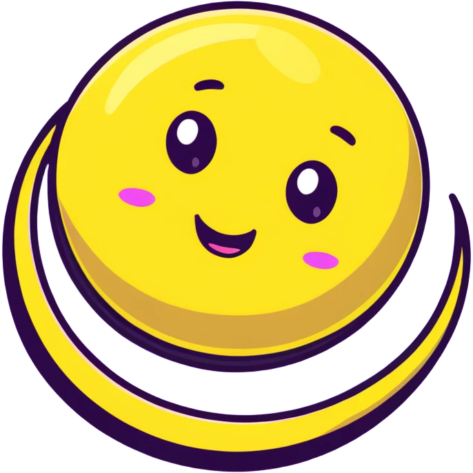 fantasy yellow planet with colorful rings and a cute happy face emoji