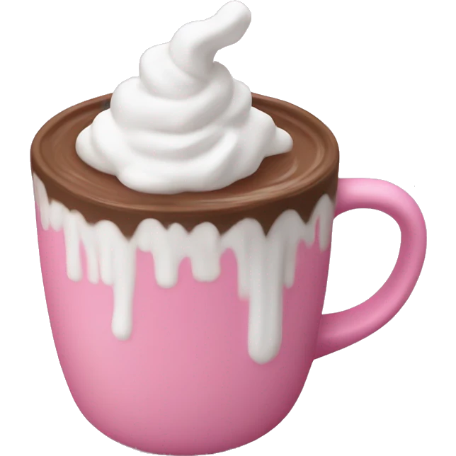 hot cocoa in a pink mug with whipped cream and marshmallow emoji