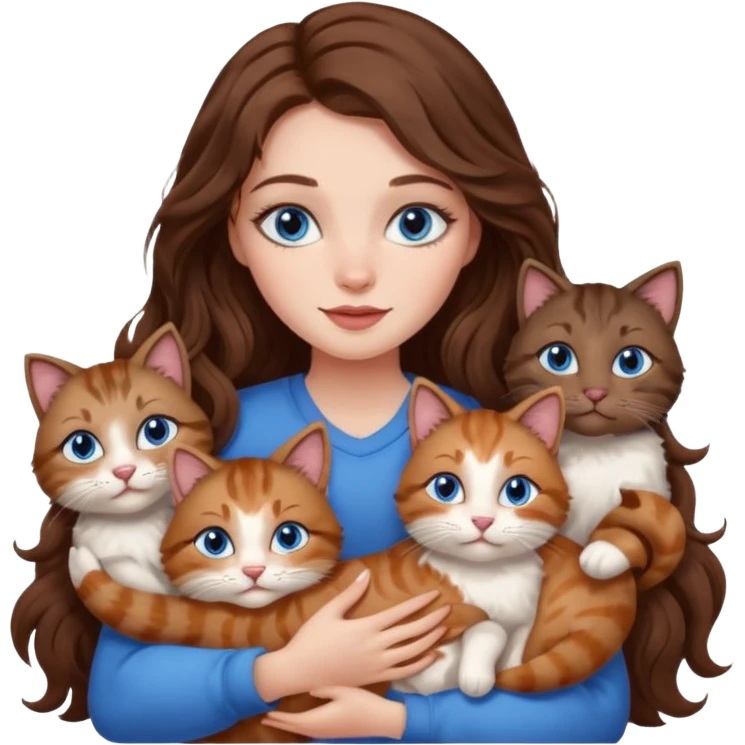 girl with long wavy brown hair, blue eyes, long lashes makeup, cuddling with 6 cats emoji