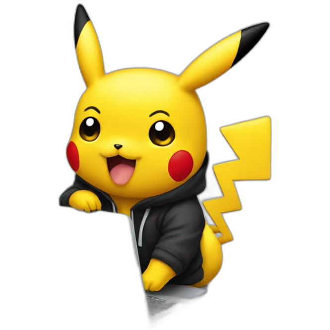 pikachu en sweat noir à capuche qui travaille sur un ordinateur portable emoji