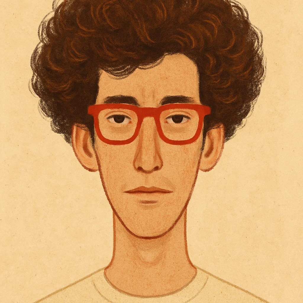 slightly elongated face of a man with red glasses and a big set of brown hair, style 2 emoji