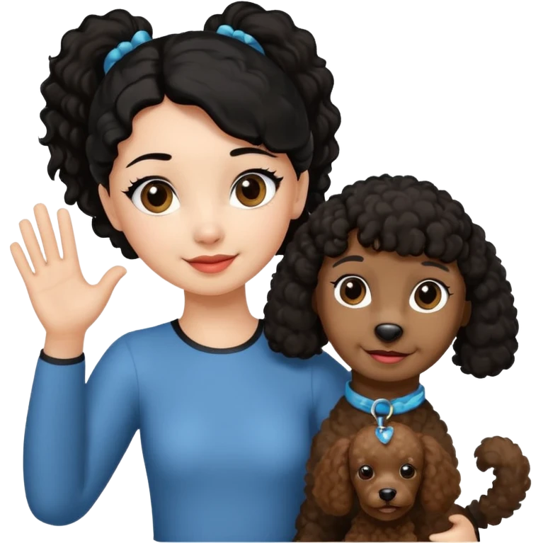 Ponytail black hair girl with brown Poodle say goodbye  emoji