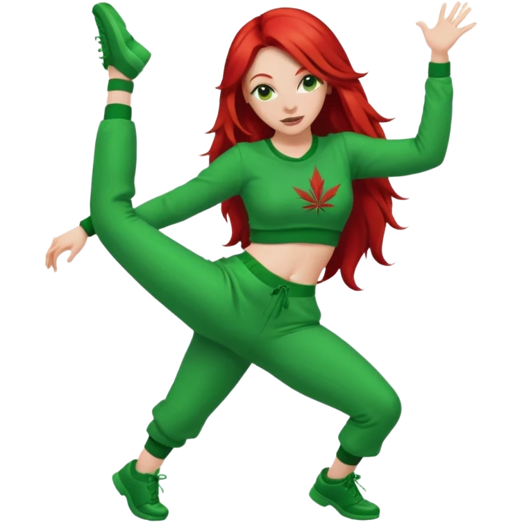 Thick white woman twerking with long red hair and green 420 outfit emoji