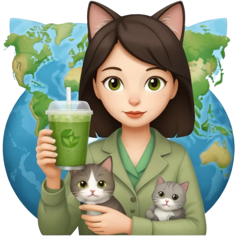 a brunette woman in here 30S drinking an iced matcha, carrying a grey cat and a map of the world emoji