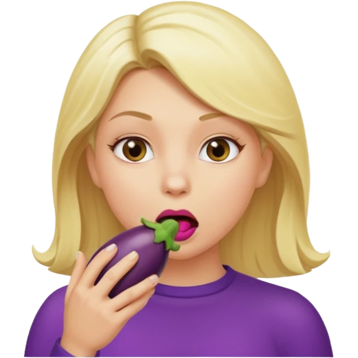 Blonde women stuffing her mouth using her hand with an eggplant emoji