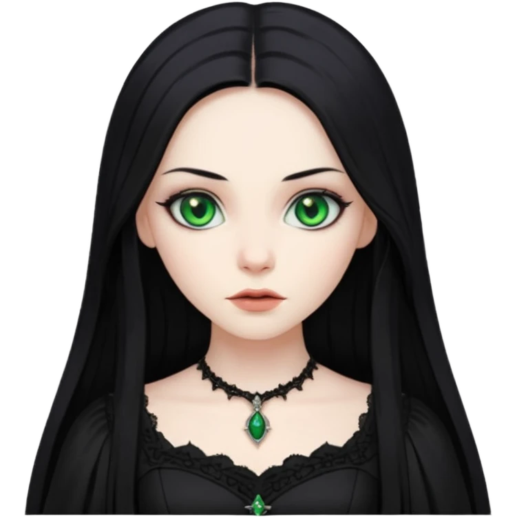 long black hair, green eyes, pale skin, a Gothic dress emoji