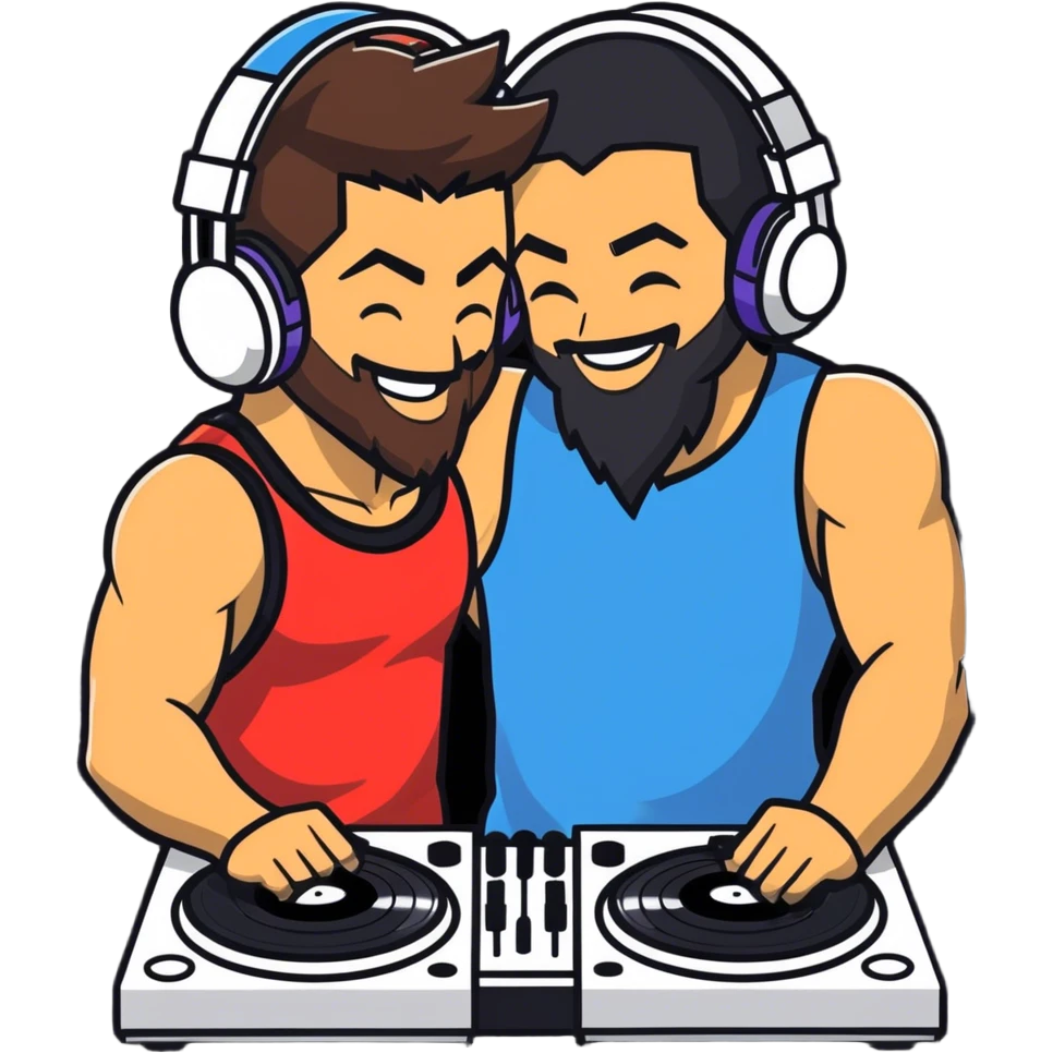 Hot handsomeb muscular 6ft tall smiling happy clean shaven ash ketchum being a  dj and his music rocks while kissing a friend who has a beard emoji