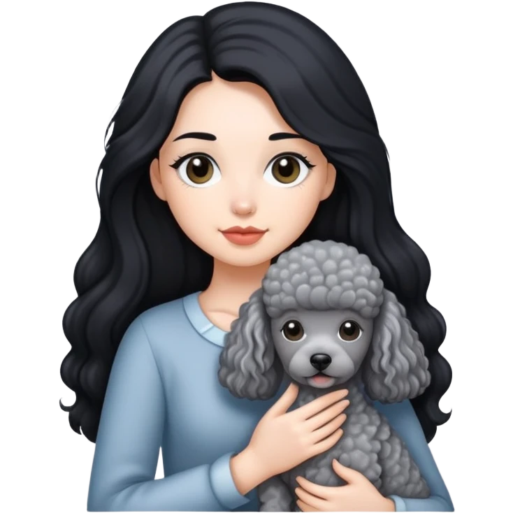 A girl with long black hair holding a gray poodle emoji