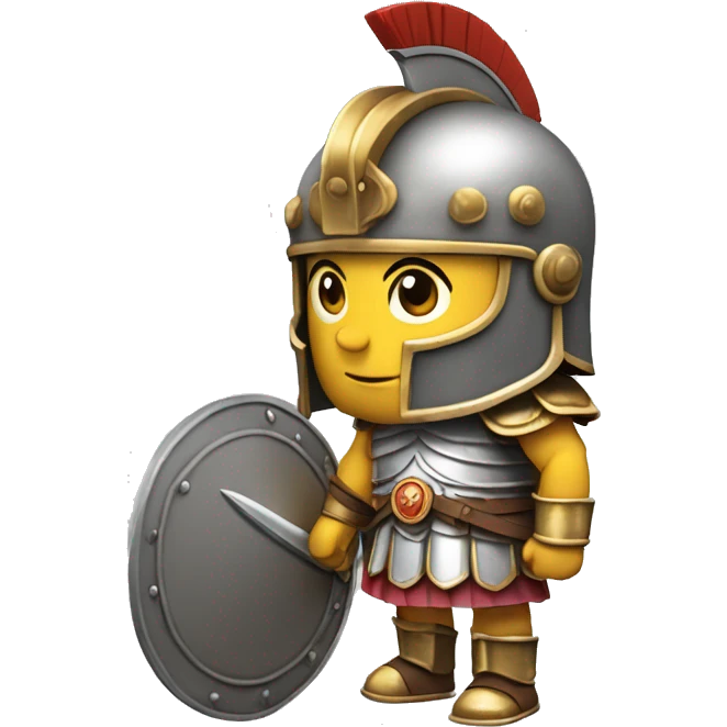ancient Roman legionary, full height, head turned slightly to the right, right hand palm up, bent at the elbow, holding a shield with his left hand, Roman helmet on his head emoji